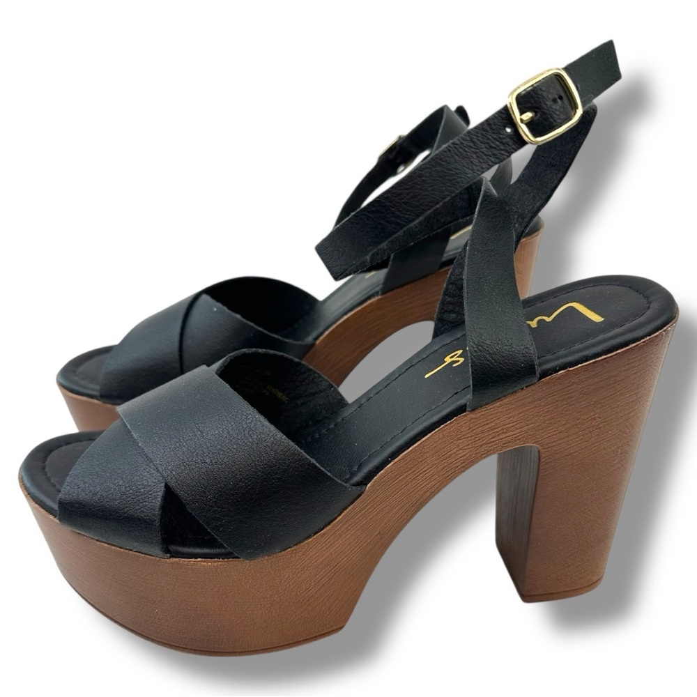 Lulus Galilea Black Platform Block Heel Sandals Ankle Strap Size 7.5